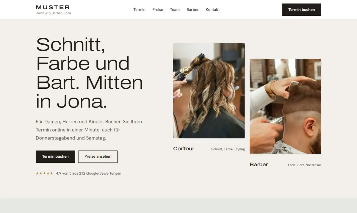 Beispiel-Website eines Coiffeurs und Barbers mit Fotos von Damen- und Herrenschnitt