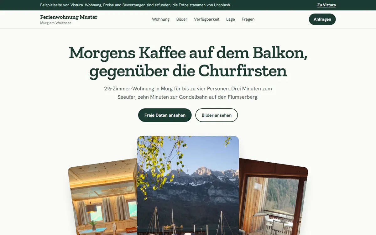 Beispiel-Website einer Ferienwohnung mit Fotos von Stube, Hafen und Balkon