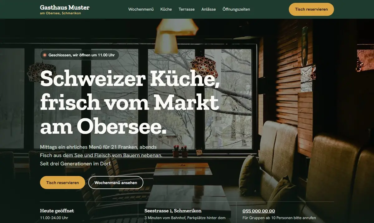 Beispiel-Website eines Gasthauses: Foto der Gaststube und der Hinweis, ob gerade geöffnet ist