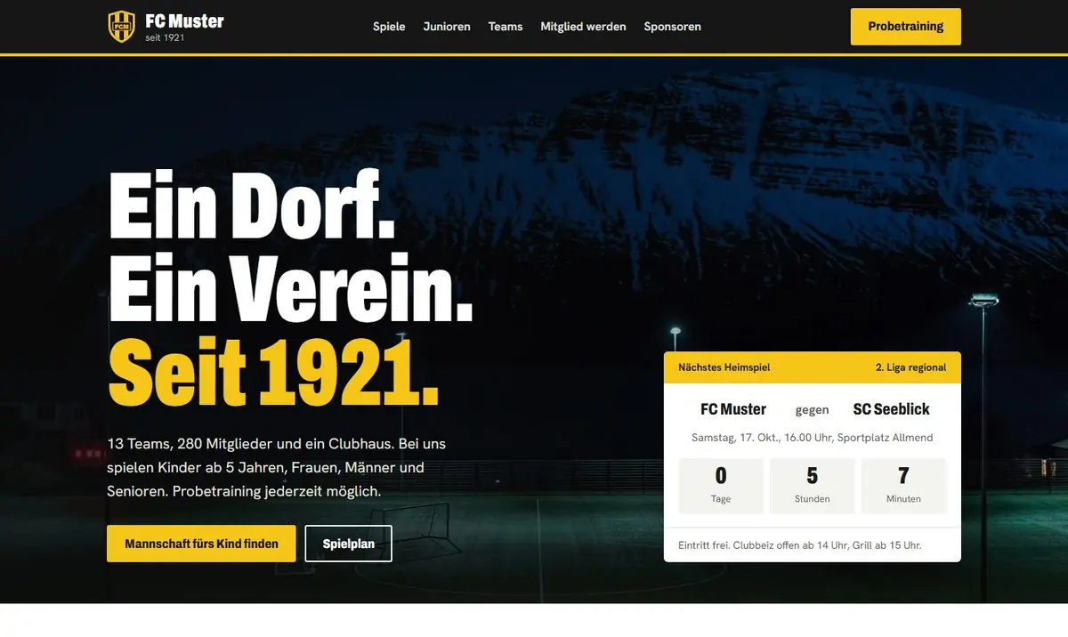 Beispiel-Website eines Fussballvereins mit Countdown zum nächsten Heimspiel